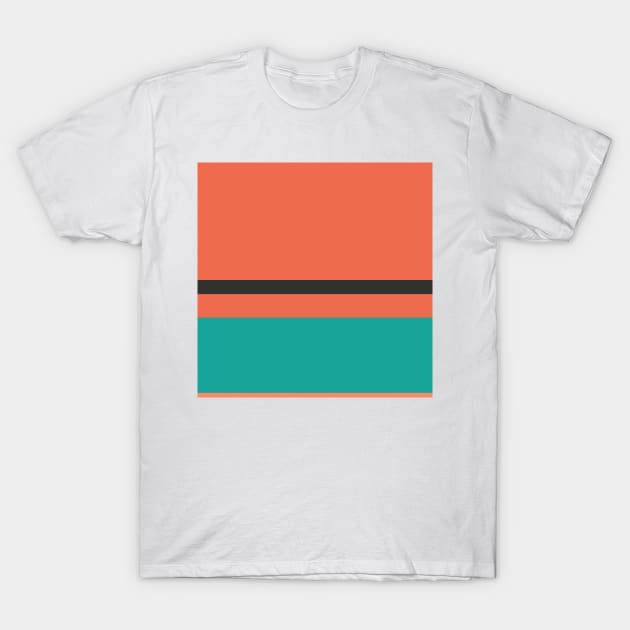 A gentle consistency of Light Red Ochre, Faded Orange, Christmas Purple, Persian Green and Dark Charcoal stripes. T-Shirt by Sociable Stripes